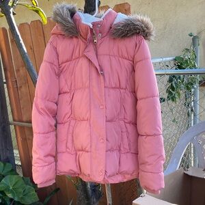 Old Navy Pink Puffer Jacket with Faux Fur Hood